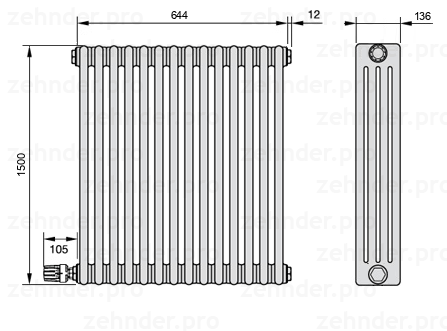 Схема (чертеж) Радиатор Zehnder Charleston 4150/14 №V003 Белый глянцевый RAL 9016